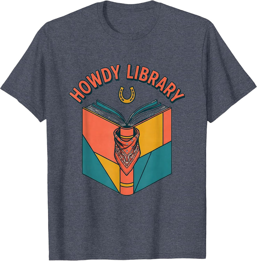 Howdy Library Midcentury Modern Western Grade-Level Teacher T-Shirt - Heather Blue