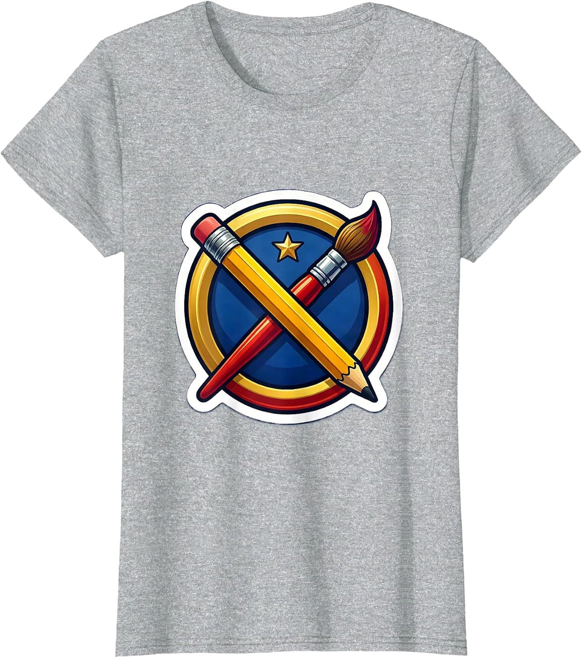 Pencil and Paintbrush Crossed Like Swords Art T-Shirt - Heather Grey