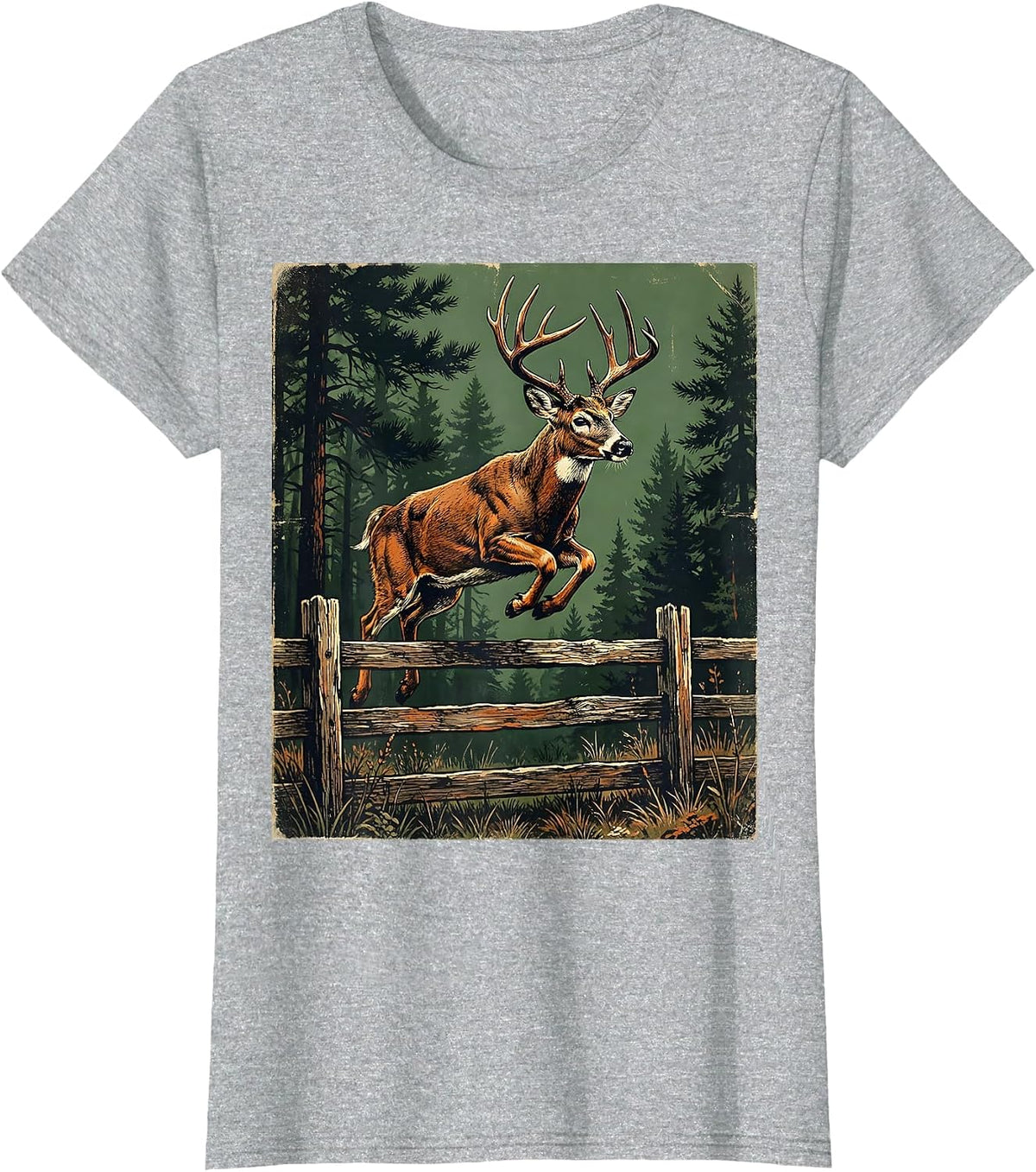 Whitetail Deer Leaping Over Forest Fence T-Shirt - Heather Grey