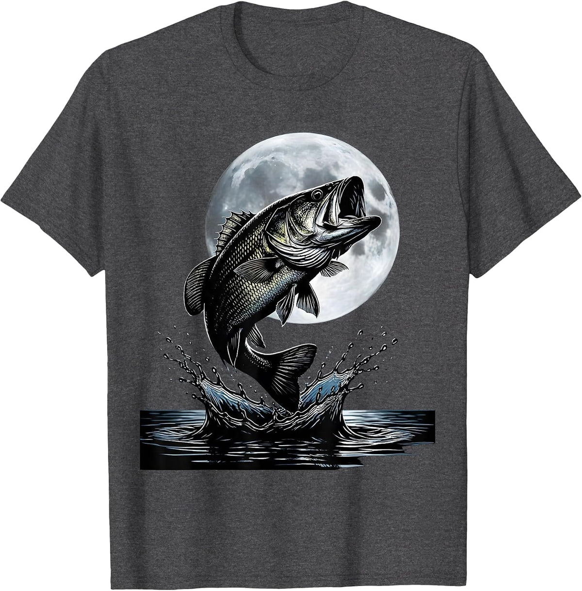 Bass Fishing Full Moon Night Graphic Tee T-Shirt - Dark Heather Grey