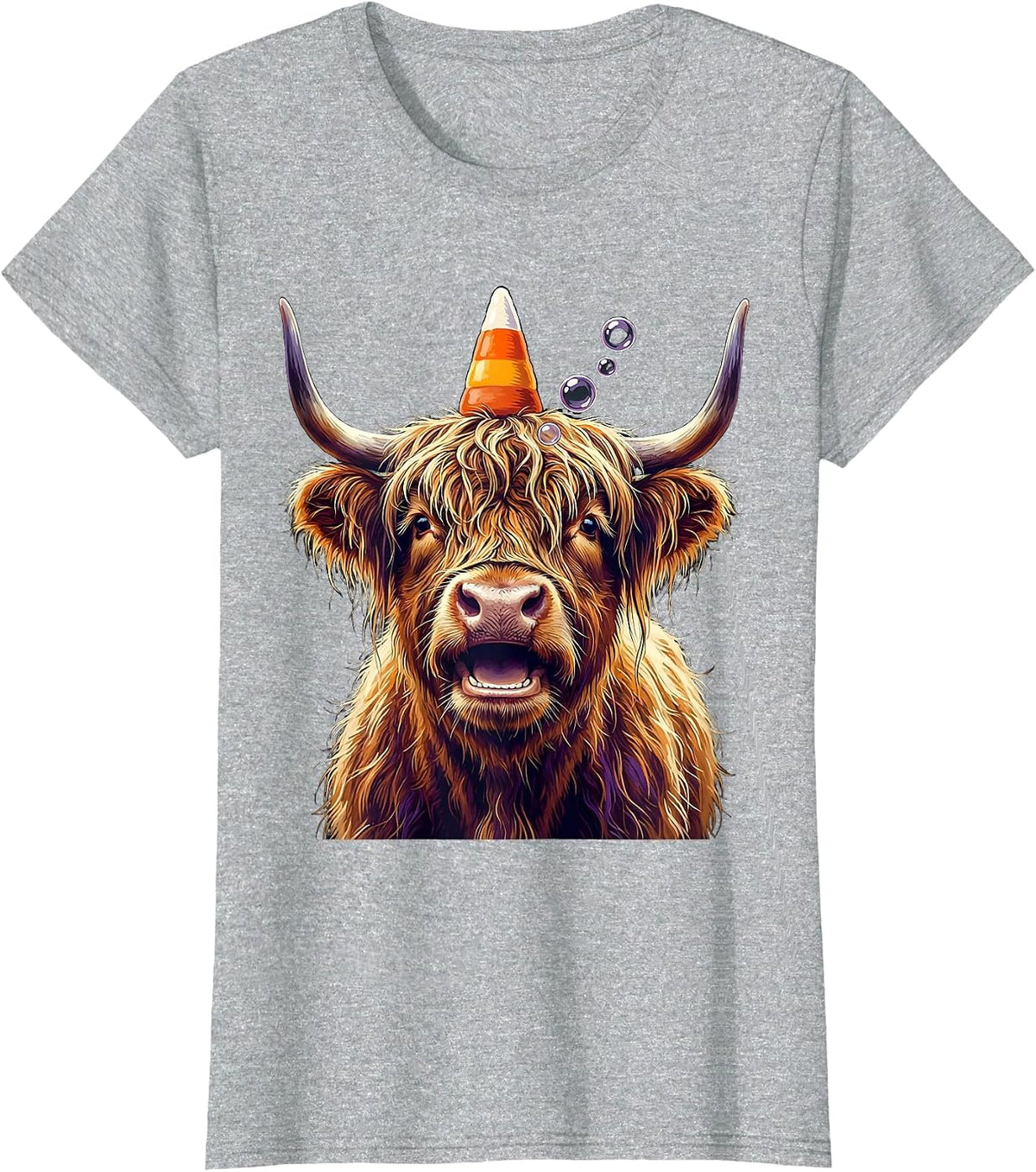 Women's Shaggy Highland Cow Candy Corn Crown Halloween Humor T-Shirt - Heather Grey