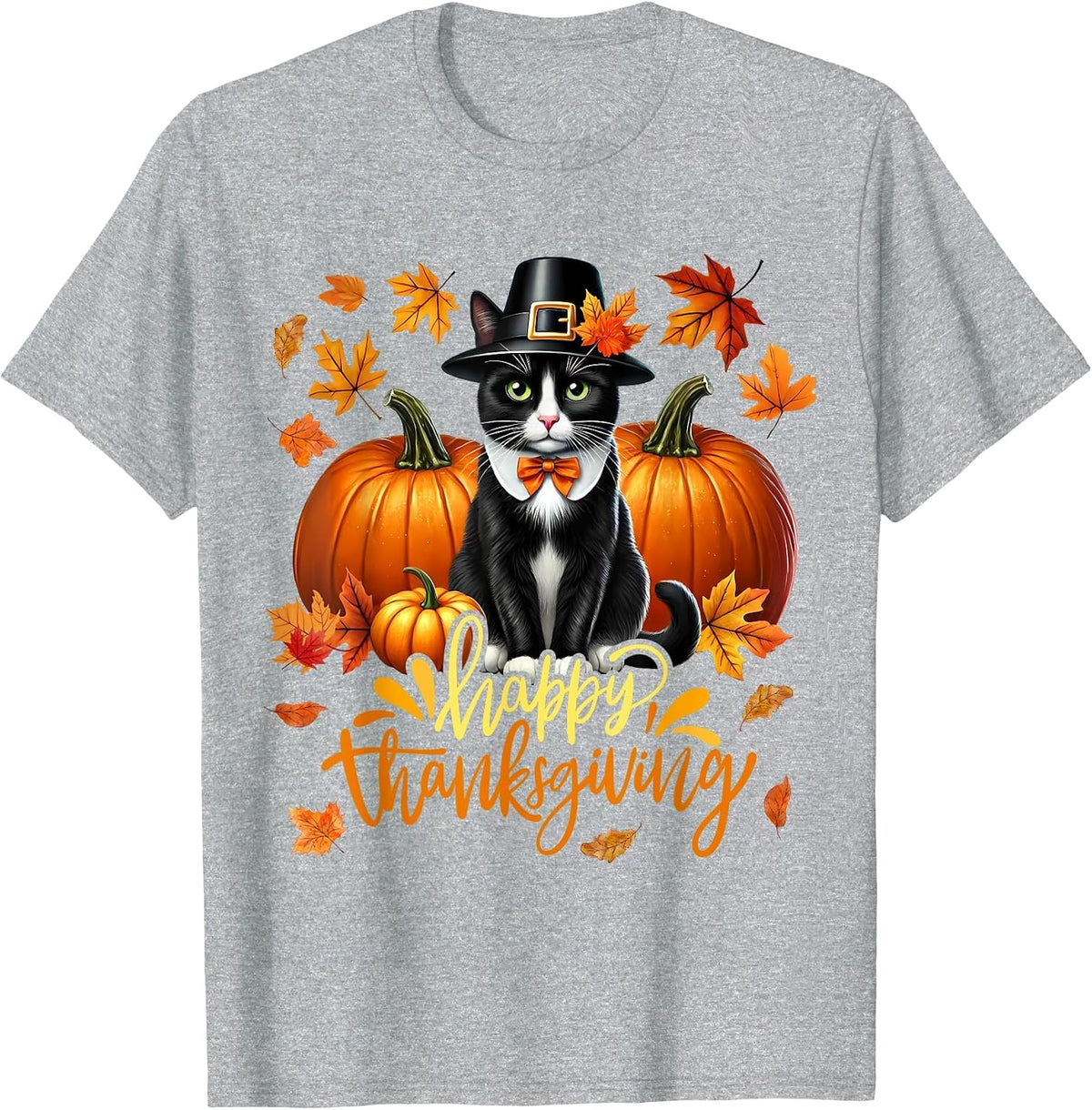 Cool Thanksgiving Cat Turkey Pilgrim Hat Pumpkin Tuxedo Cat T-Shirt - Heather Grey