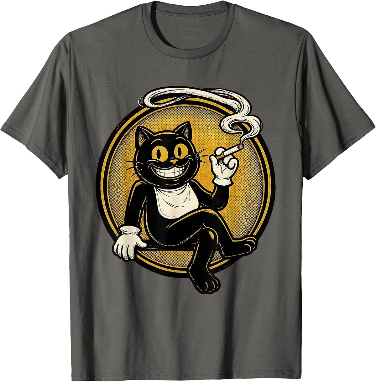 Tuxedo Cat Smoking Cigarette Smoke Ring Art T-Shirt - Asphalt Grey