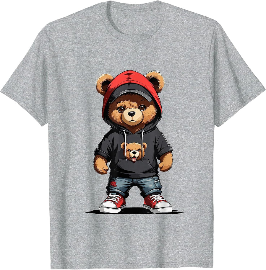 Gangster with Red Cap and Teddy Bear in Hip Hop Street Clothing T-Shirt - Heather Grey