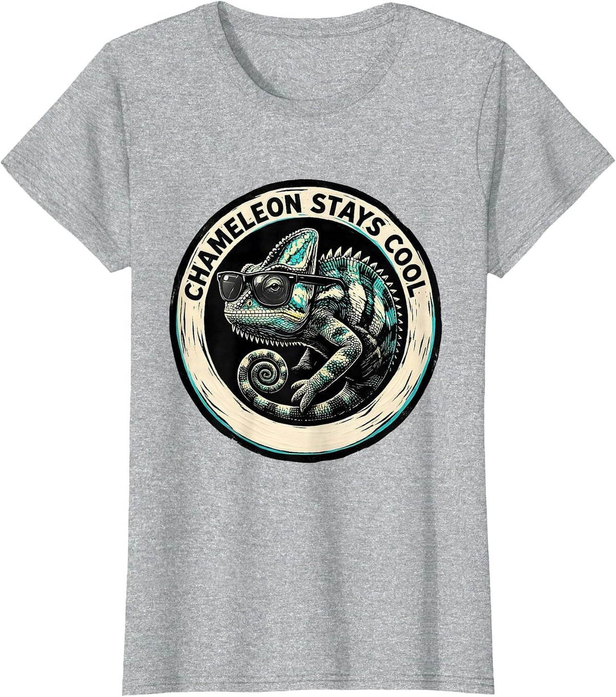Chameleon Stays Cool Linocut Funny Animal Lover Novelty T-Shirt - Heather Grey