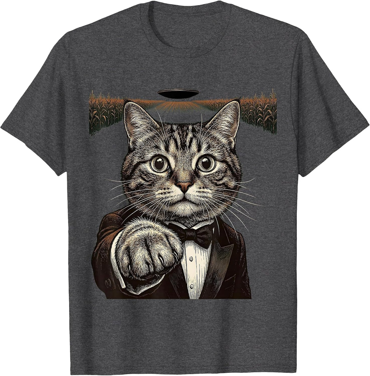 Cropped Tuxedo Cat UFO Vintage Funny Cat Lover T-Shirt - Dark Heather Grey