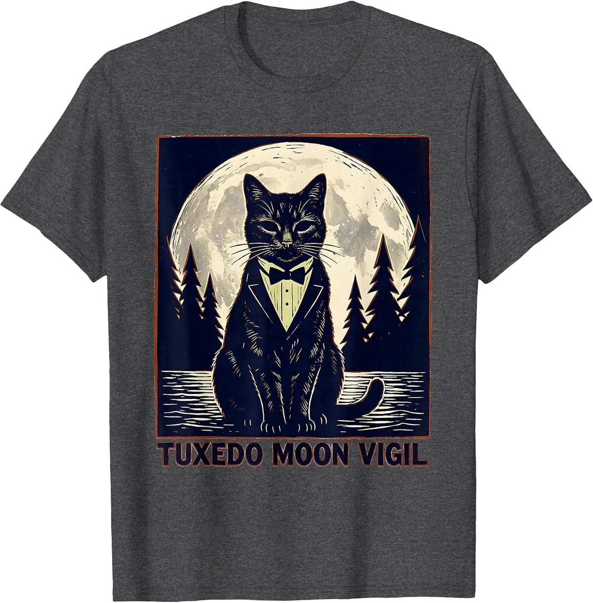 Men's Tuxedo Moon Vigil Linocut 90s Retro Tuxedo Cat Portrait T-Shirt - Dark Heather Grey