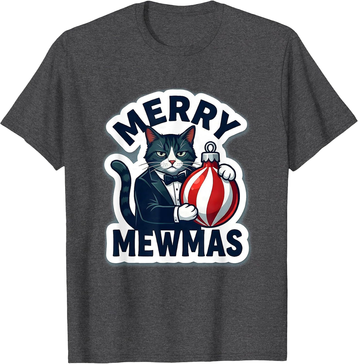 Men's Merry Mewmas Funny Tuxedo Cat Christmas Cat Lover Holiday T-Shirt - Dark Heather Grey