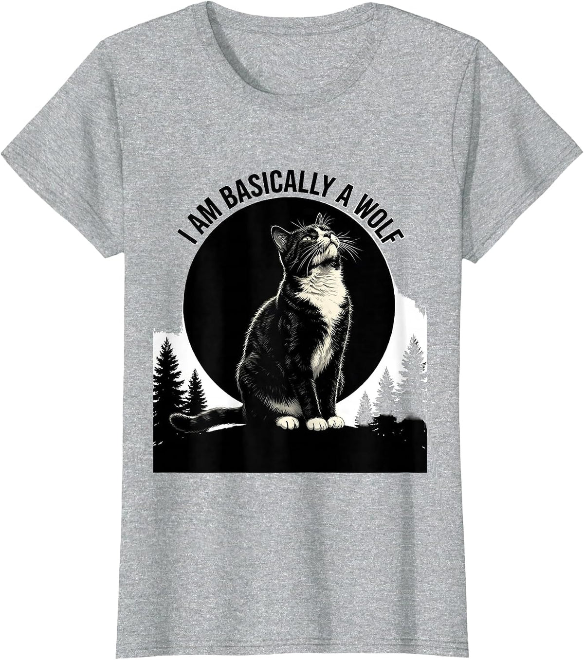 Women's I Am Basically a Wolf Tuxedo Cat Howling at Moon 90s Retro T-Shirt - Heather Grey
