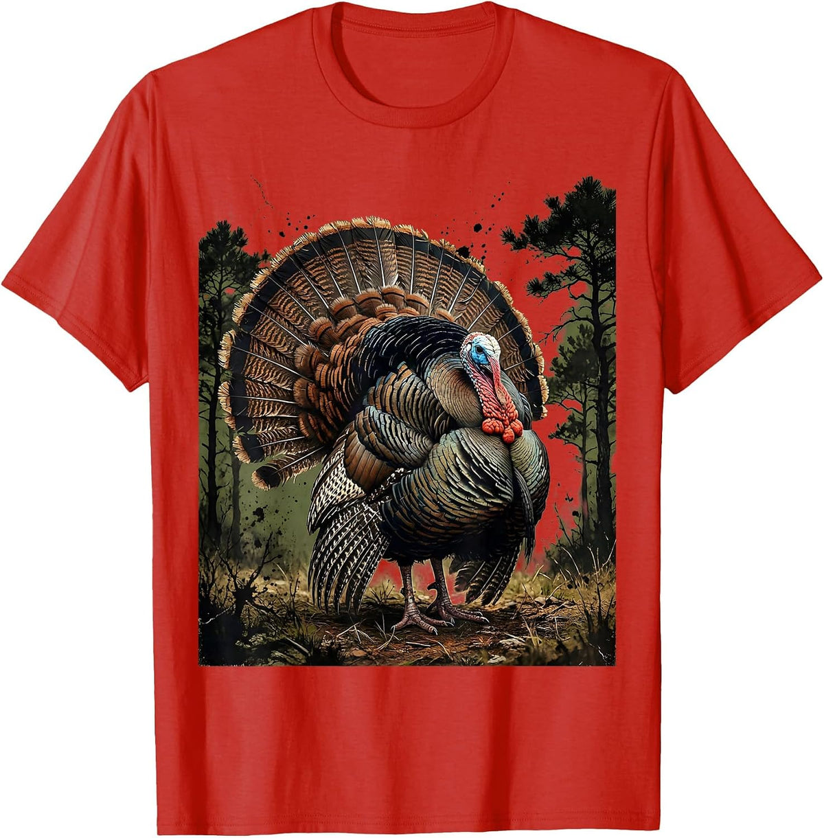 Men's Turkey Feathers Fanned in Forest Clearing Art T-Shirt - Red