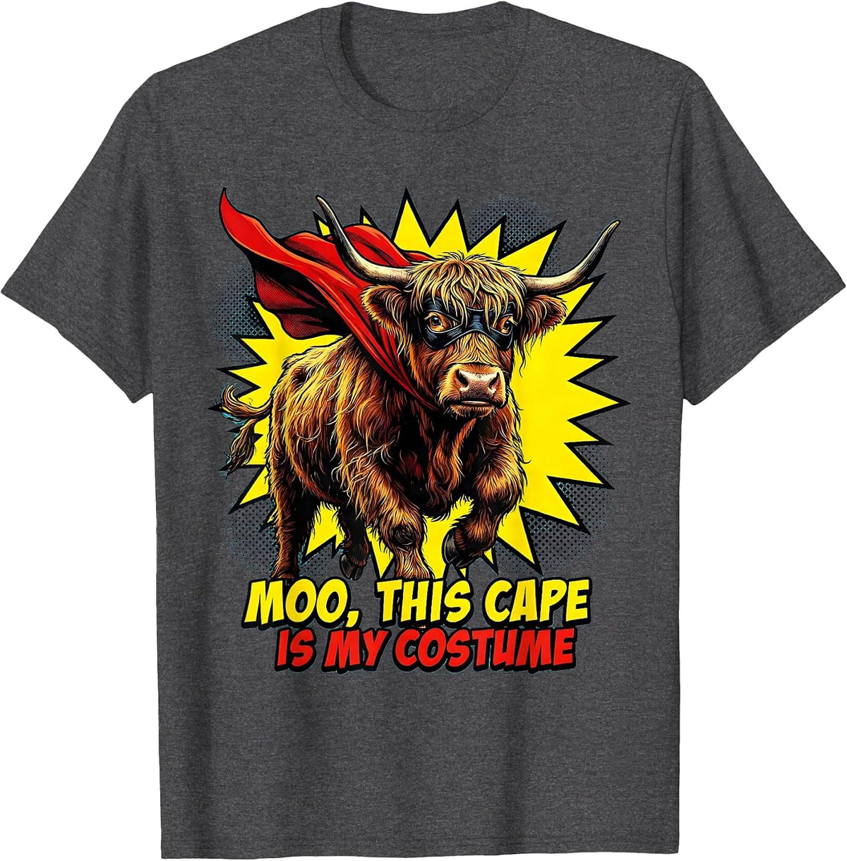 Men's Moo This Cape Is My Costume Pop Art Highland Cow Halloween T-Shirt - Dark Heather Grey