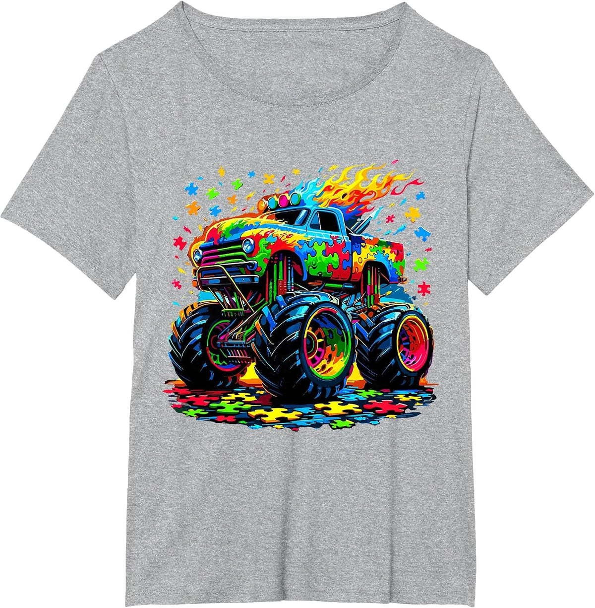 Autism Awareness Monster Truck Puzzle T-Shirt - Heather Grey
