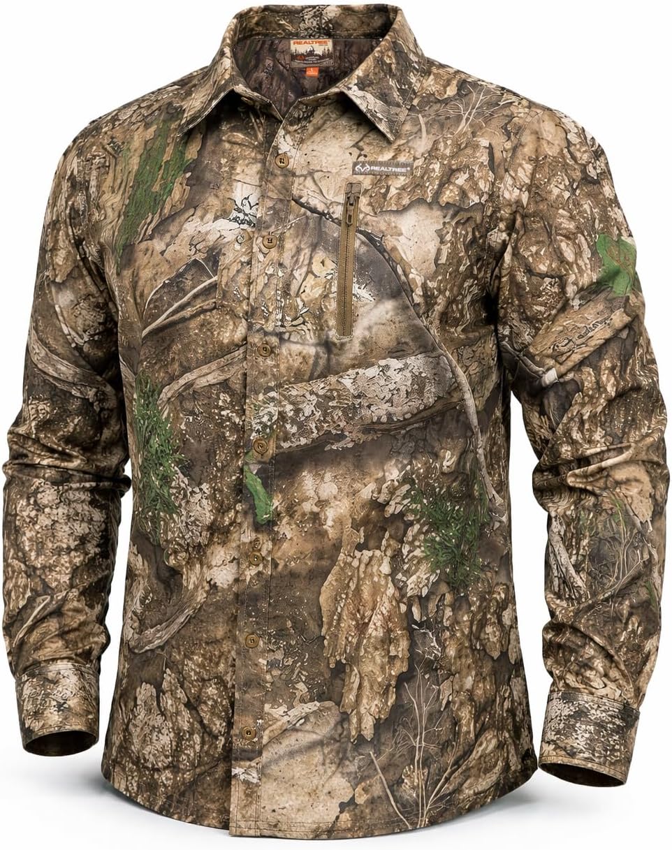 Realtree Men’s Long Sleeve Camo Hunting Shirt - Lightweight Breathable Button Down with UPF 50+ Sun Protection - Apx