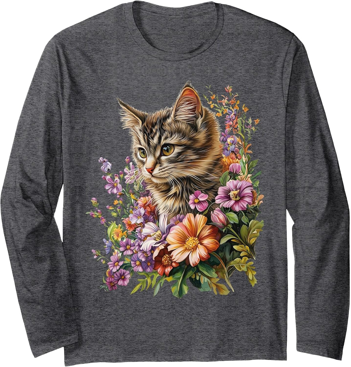 Cat Flower Floral Cute Kitten Graphic Long Sleeve T-Shirt - Adult Unisex Dark Heather Grey