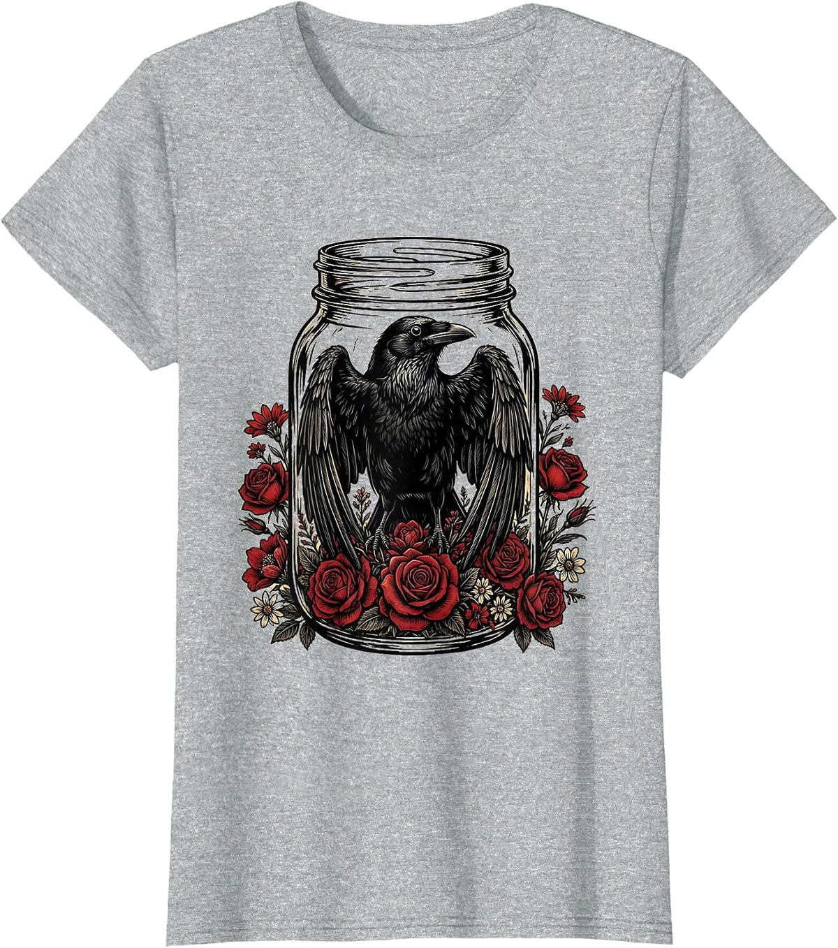 Crow in a Mason Jar with Flowers Illustration T-Shirt - Heather Grey