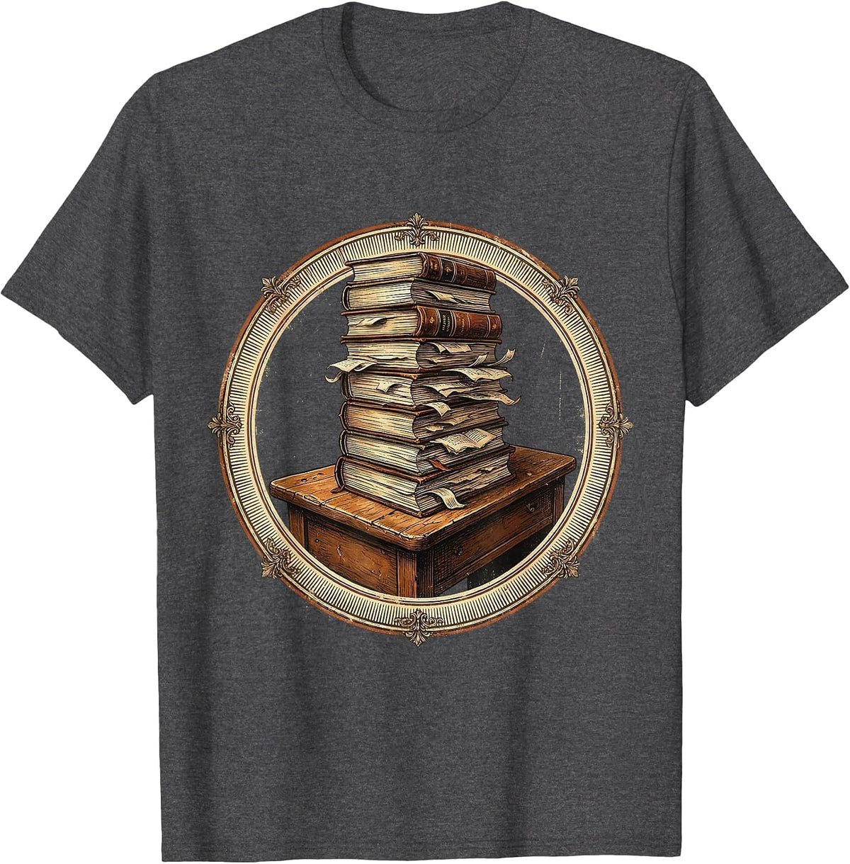 Reading Teacher Overflowing Books Desk Graphic T-Shirt - Dark Heather Grey