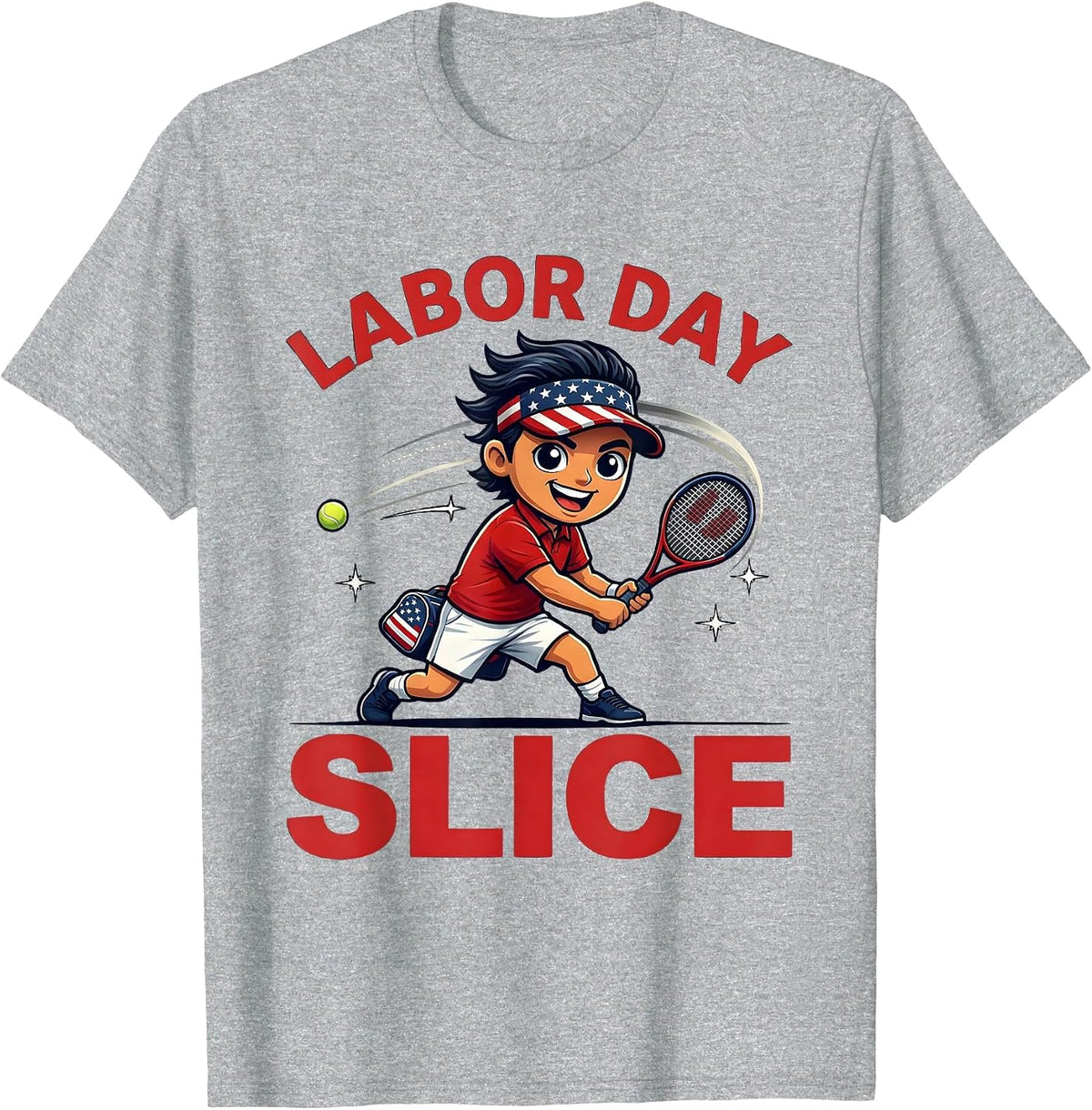 Men's Labor Day Slice Funny Tennis Player Patriotic Holiday T-Shirt - Heather Grey