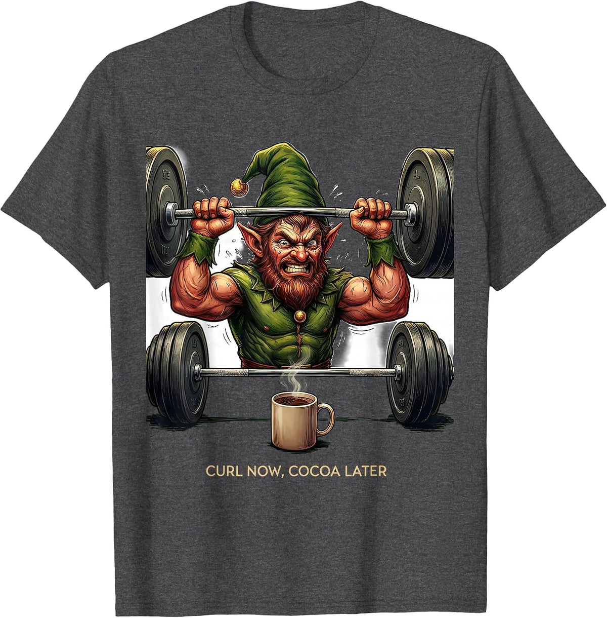 Men's Curl Now, Cocoa Later Funny Christmas Gym Workout T-Shirt - Dark Heather Grey