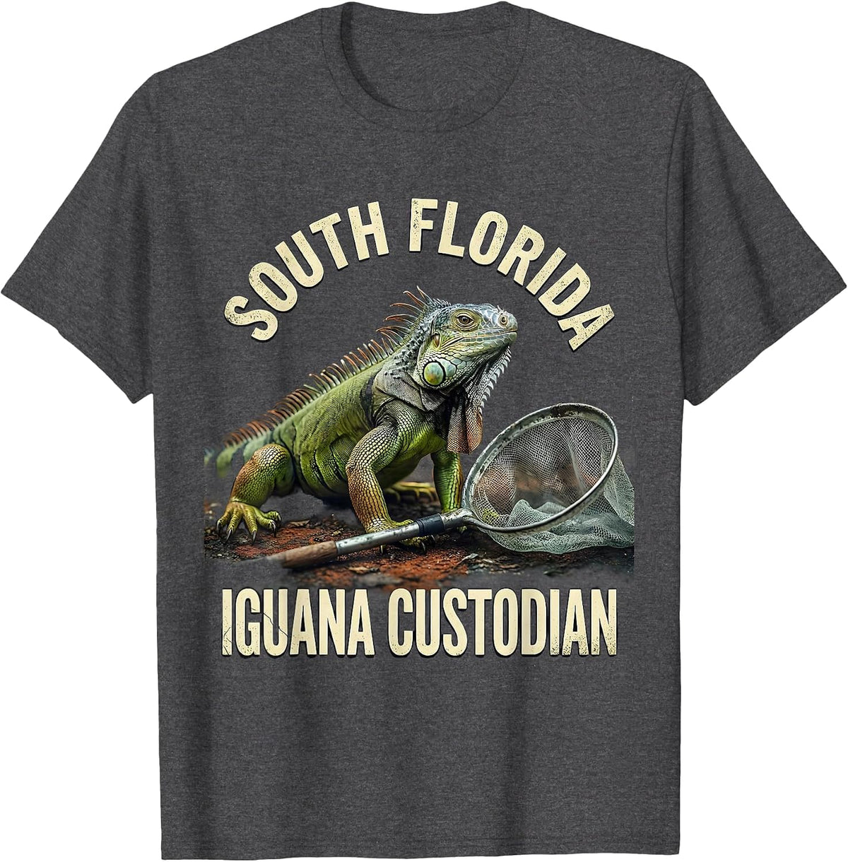 South Florida Iguana Custodian Distressed Iguana Hunter T-Shirt - Dark Heather Grey