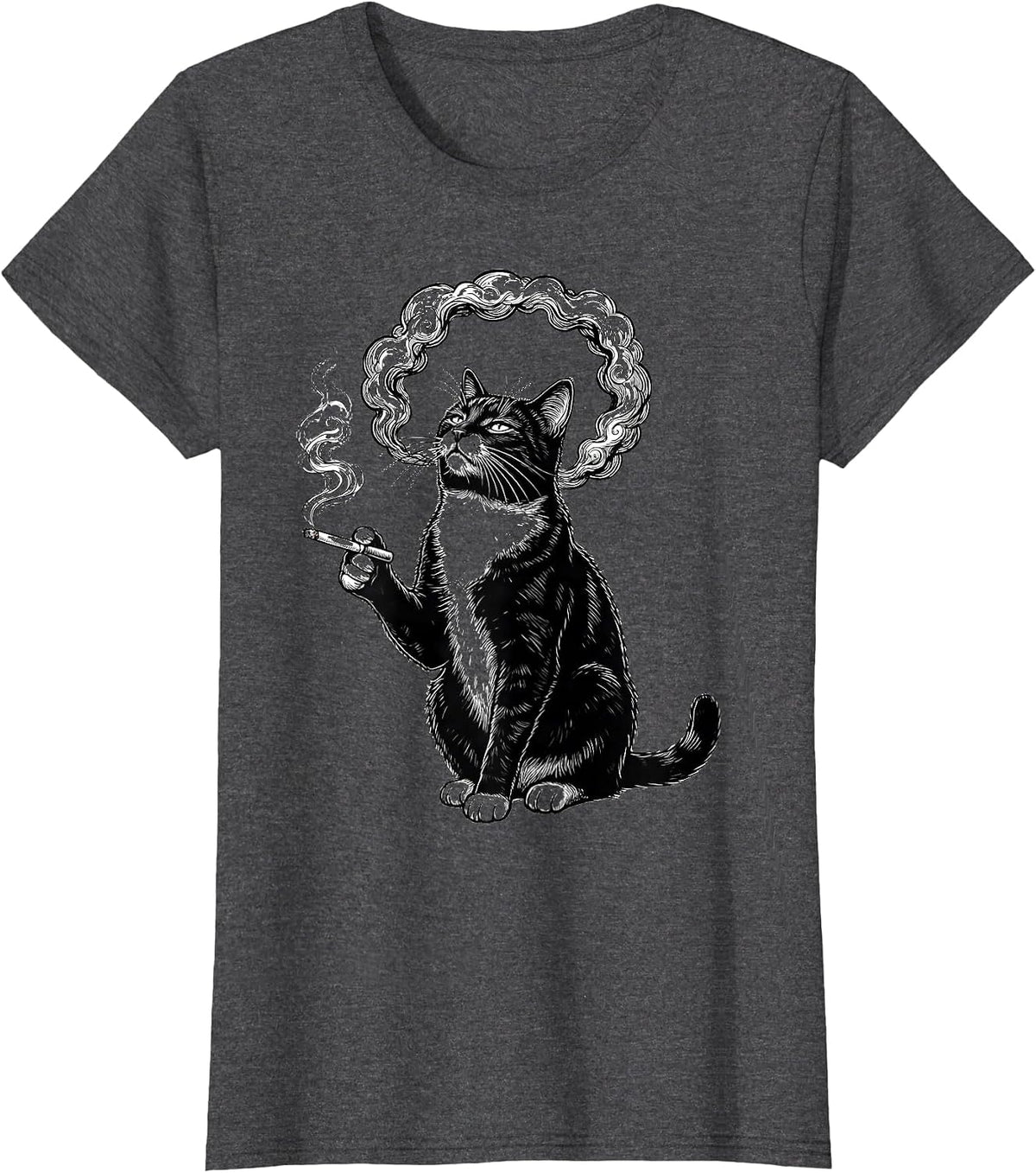 Women's Tuxedo Cat Smoking a Ring of Smoke T-Shirt - Dark Heather Grey