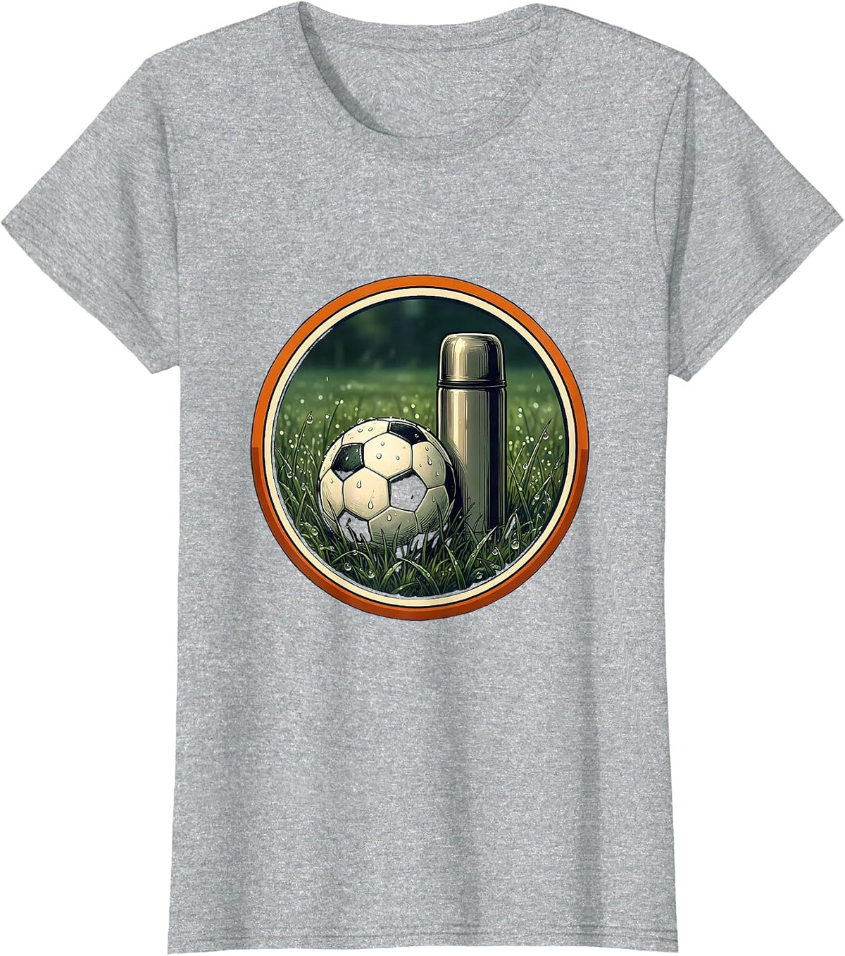 Women's Soccer Dad Thermos and Ball on Dewy Grass T-Shirt - Heather Grey