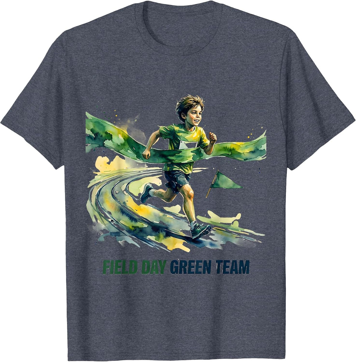 Field Day Green Team Watercolor Child Runner Track Ribbon T-Shirt - Heather Blue