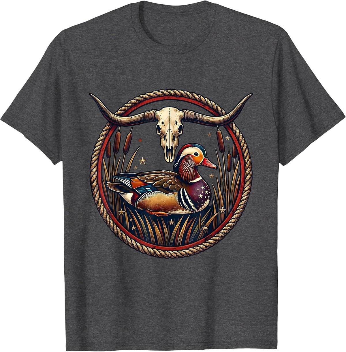 Duck in Reeds Camo Feathers Hunting Illustration T-Shirt - Dark Heather Grey