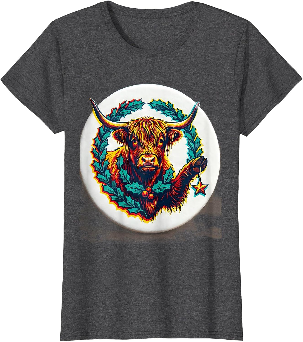 Women's Sealed Highland Cow Badge Risograph Whimsical Farm Humor T-Shirt - Dark Heather Grey
