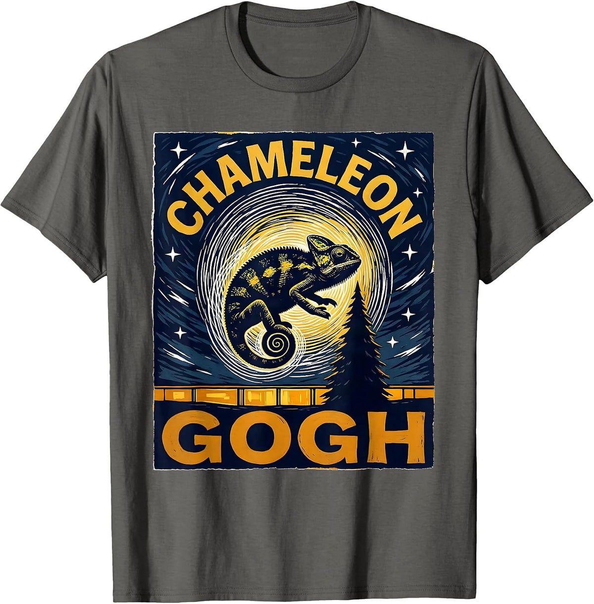 Men's Chameleon Gogh Linocut Funny Chameleon Lover Pet Owner Art T-Shirt - Asphalt Grey