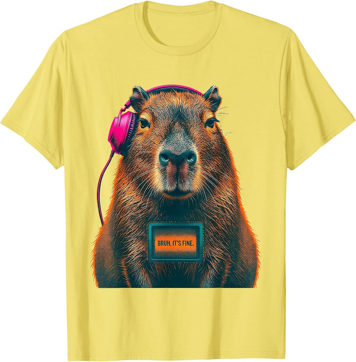 Men's Bruh It's Fine Risograph Capybara Gamer Meme Humor T-Shirt - Lemon Yellow