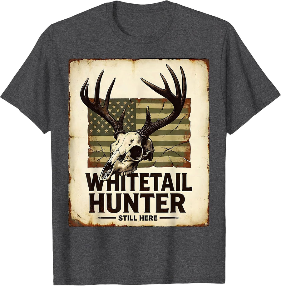 Men's Whitetail Hunter Still Here Vintage Hunting Dad Humor T-Shirt - Dark Heather Grey