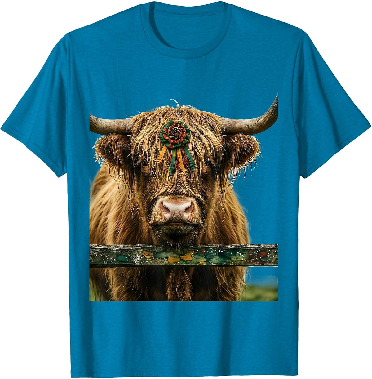 Highland Cow Folk Art Farm Animal Humor T-Shirt - Sapphire Blue