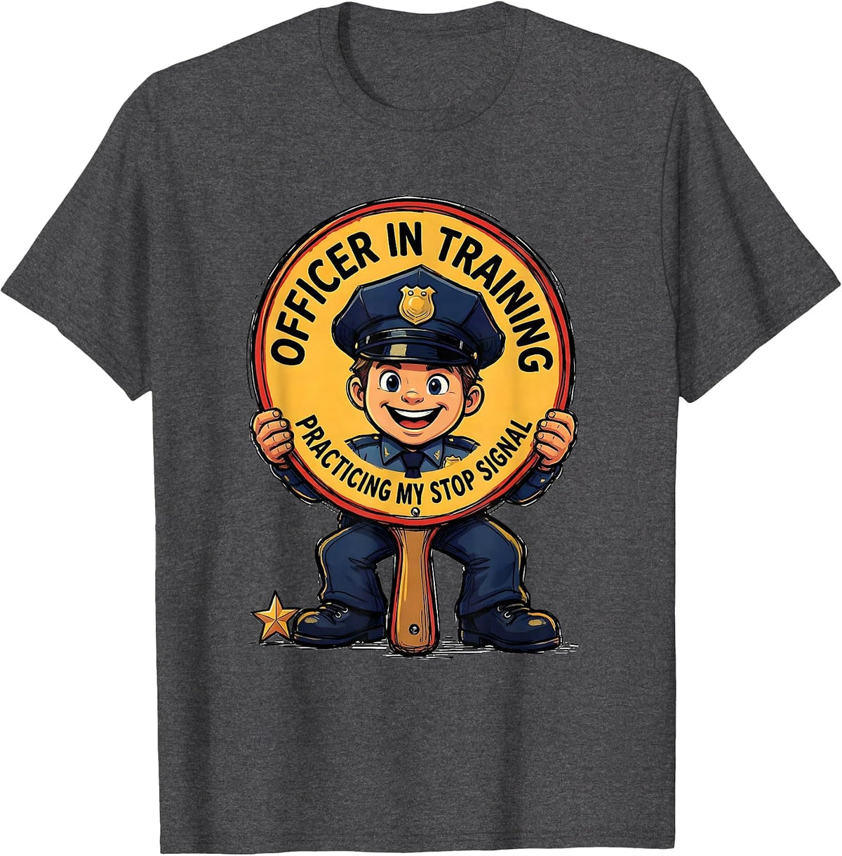 Men's Officer In Training, Practicing My Stop Signal Funny Police T-Shirt - Dark Heather Grey