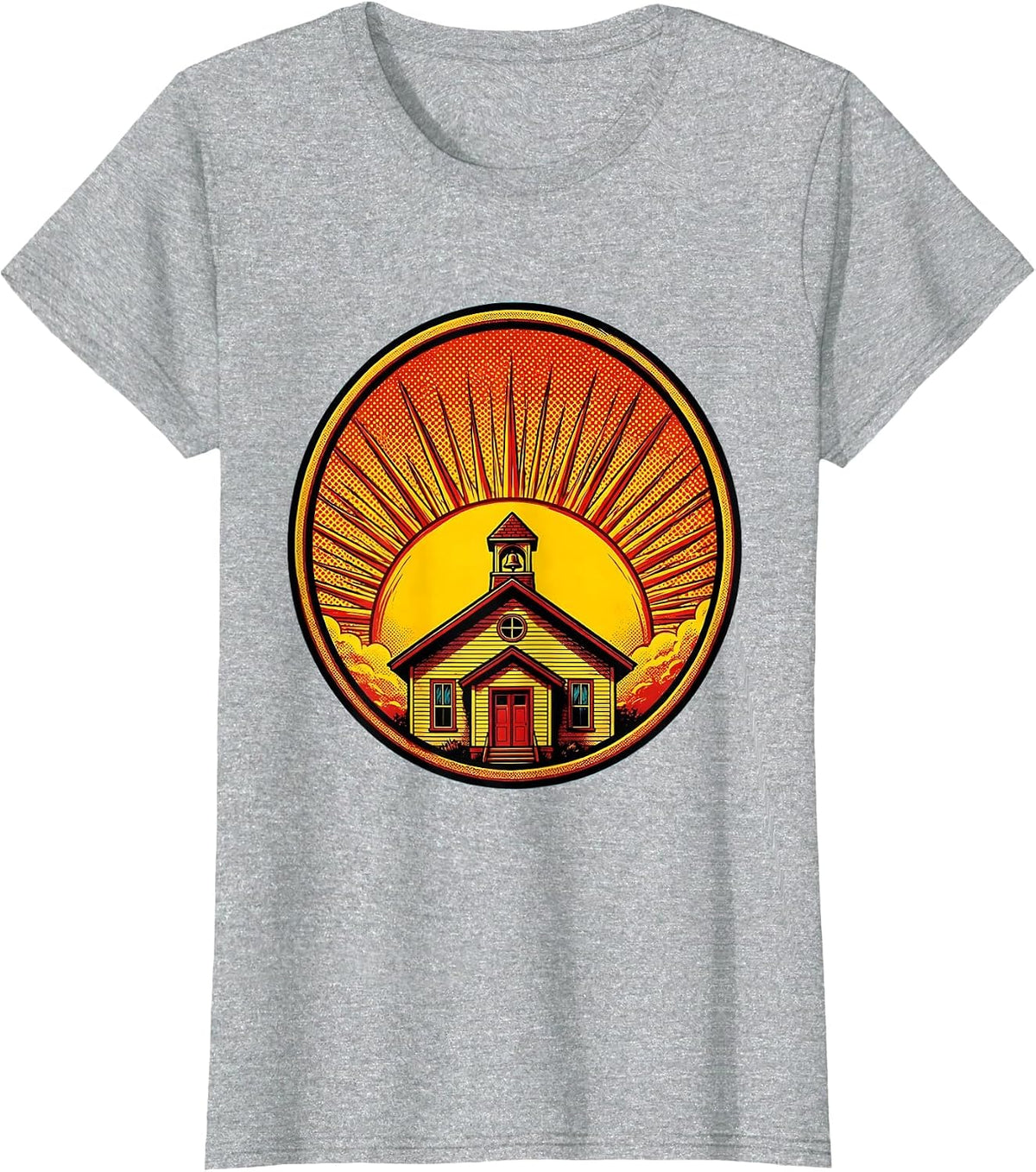 Friyay Teacher Sunset Schoolhouse Graphic T-Shirt - Heather Grey