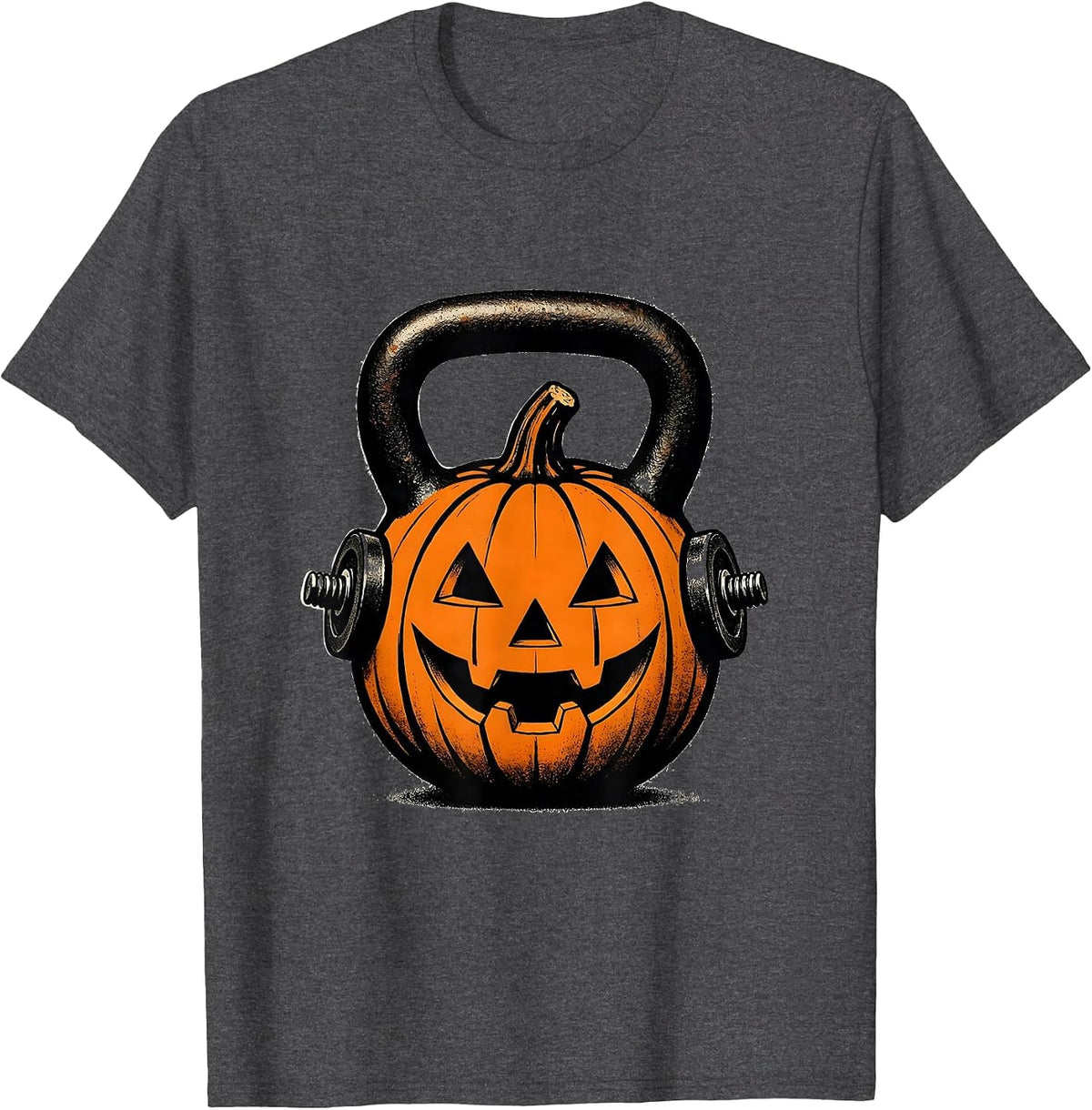 Men's Jacked O Lantern Kettlebell Halloween Gym Workout Lifting T-Shirt - Dark Heather Grey