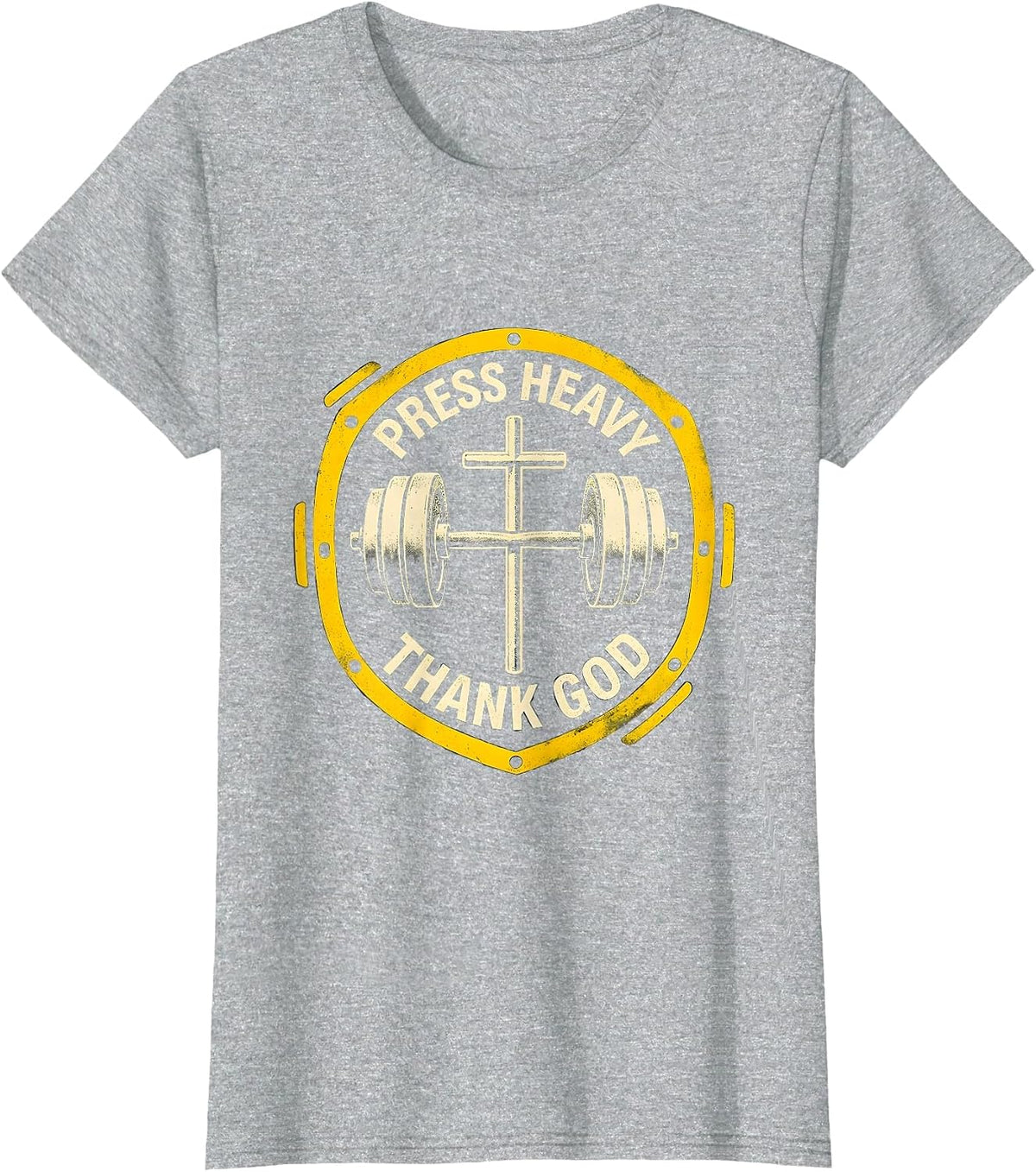 Press Heavy Thank God Stencil Christian Gym Faith Fitness T-Shirt - Heather Grey