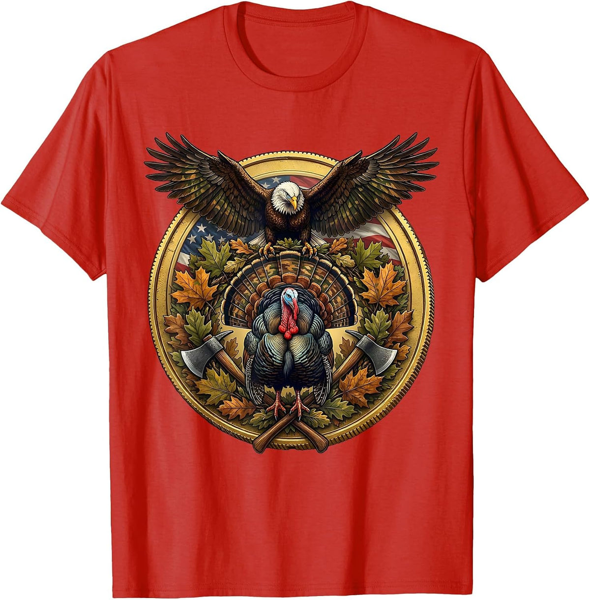 Men's Turkey Strutting Camo Leaf Scatter Hunting Design T-Shirt - Red