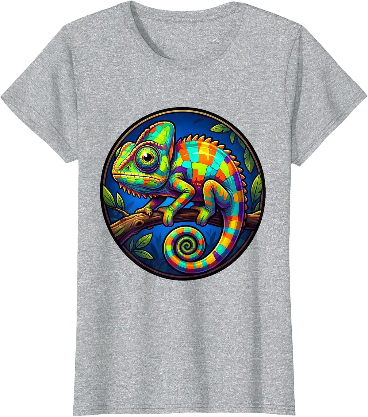 Women's Vivid Chameleon on Branch Animal Kingdom Art T-Shirt - Heather Grey