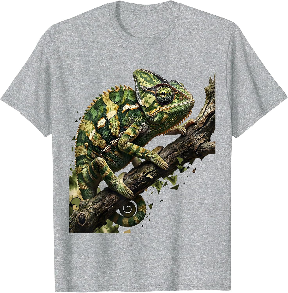 Men's Camouflaged Chameleon on Tree Branch Design T-Shirt - Heather Grey