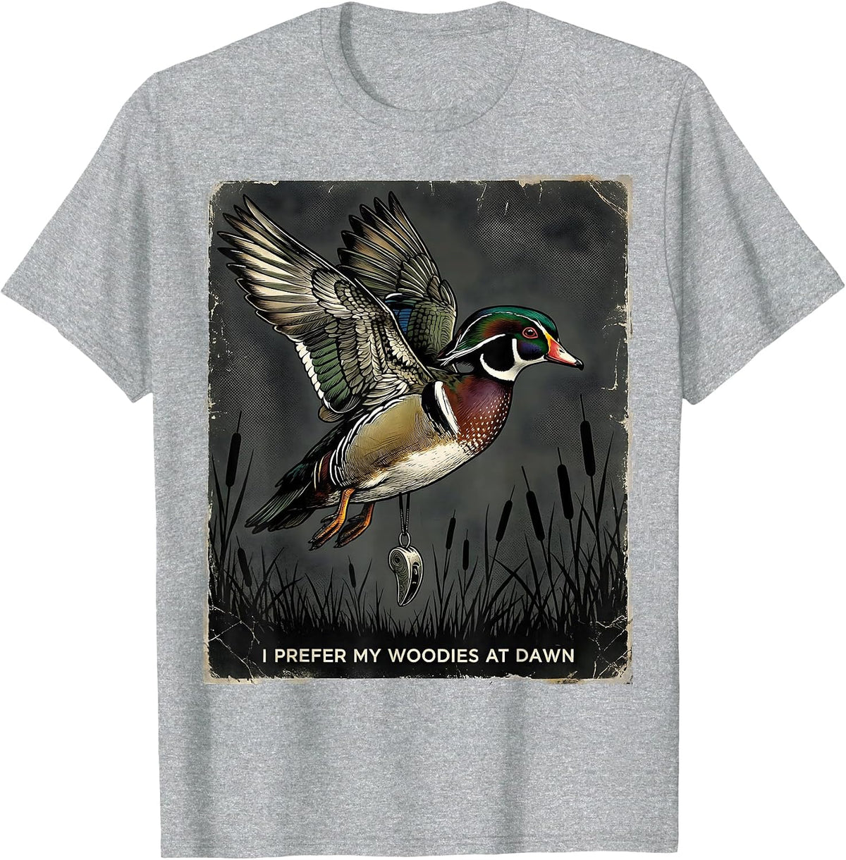 Men's I Prefer My Woodies At Dawn Distressed Duck Hunter Humor T-Shirt - Heather Grey