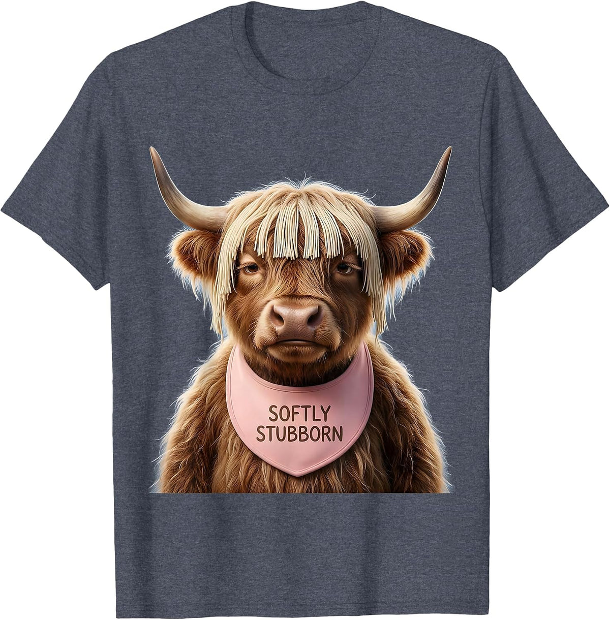 Softly Stubborn Cute Kawaii Highland Cow Novelty Humor T-Shirt - Heather Blue