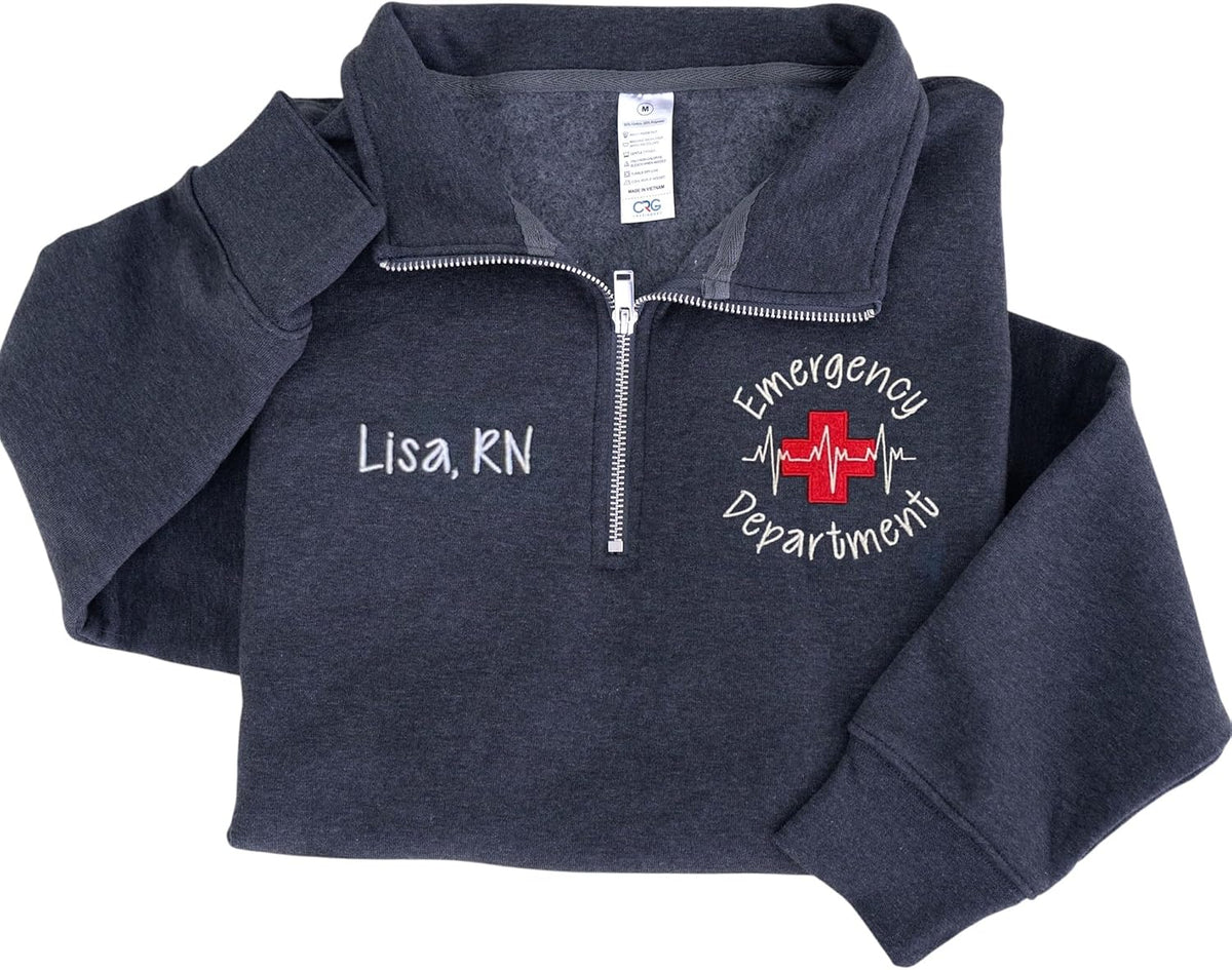 Custom Nurse Quarter Zip Sweatshirt, Personalized Embroidered Nurse Sweatshirt, Nurses Gifts - Emergency Department