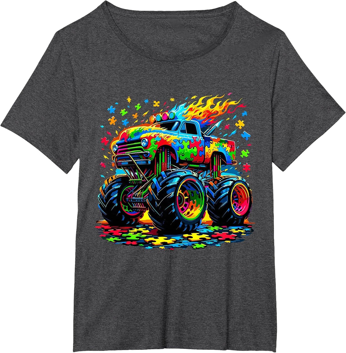 Autism Awareness Monster Truck Puzzle T-Shirt - Dark Heather Grey