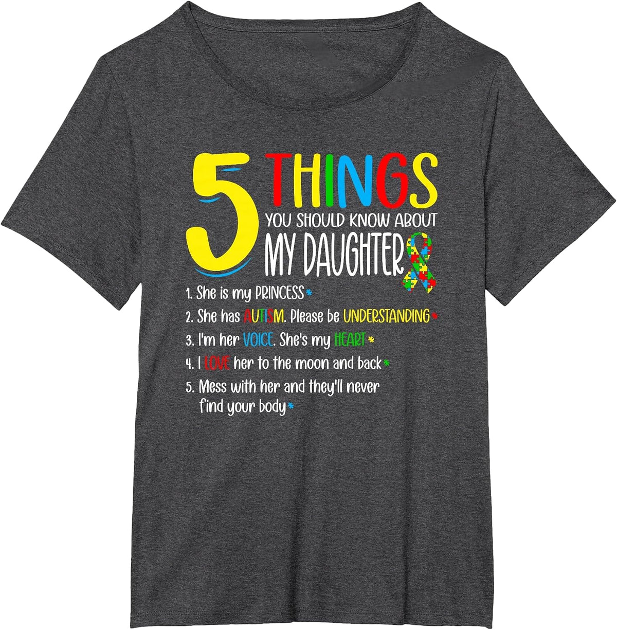 Autism 5 Things About My Autism Daughter T-Shirt - Dark Heather Grey