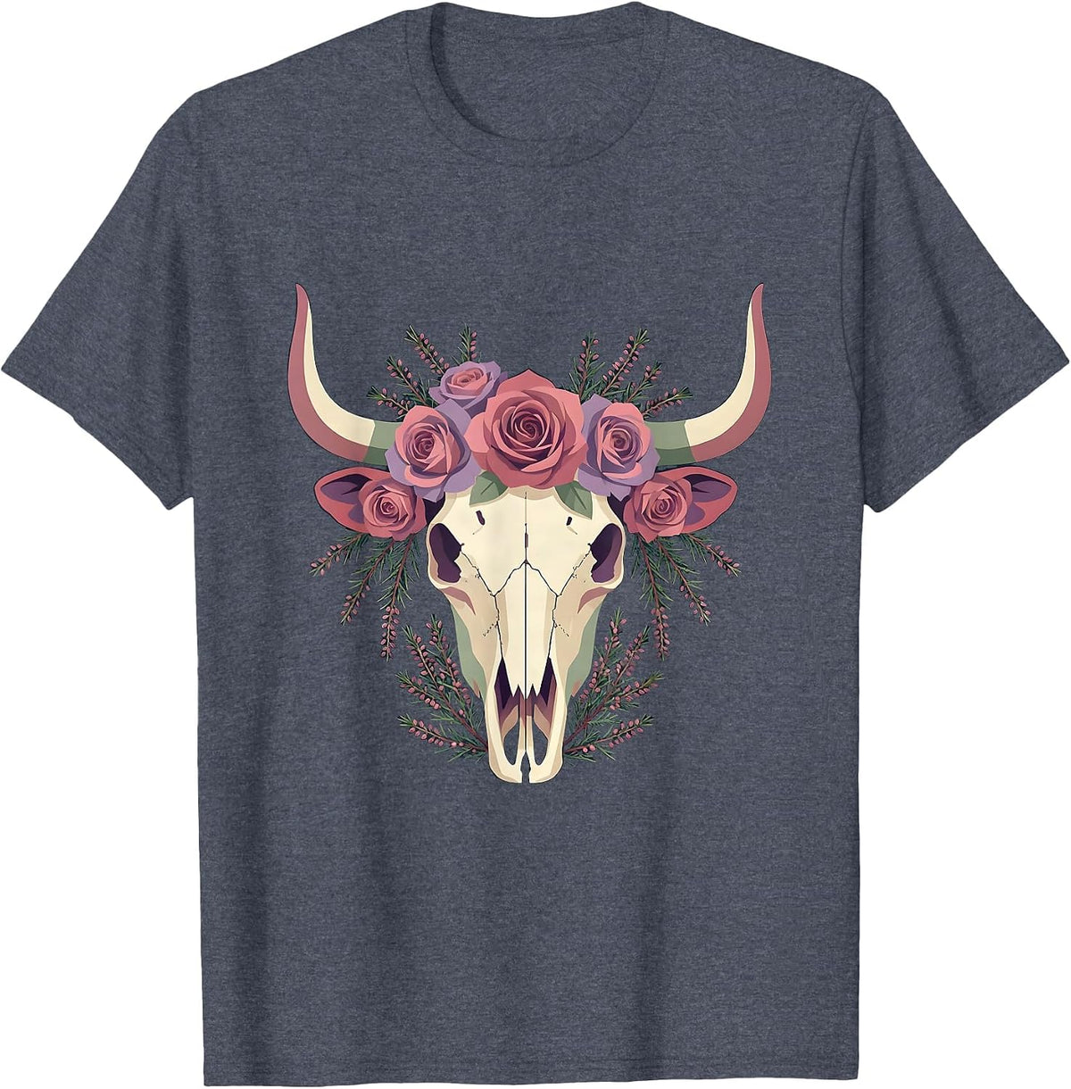 Highland Cow Skull Roses and Heather Graphic T-Shirt - Heather Blue