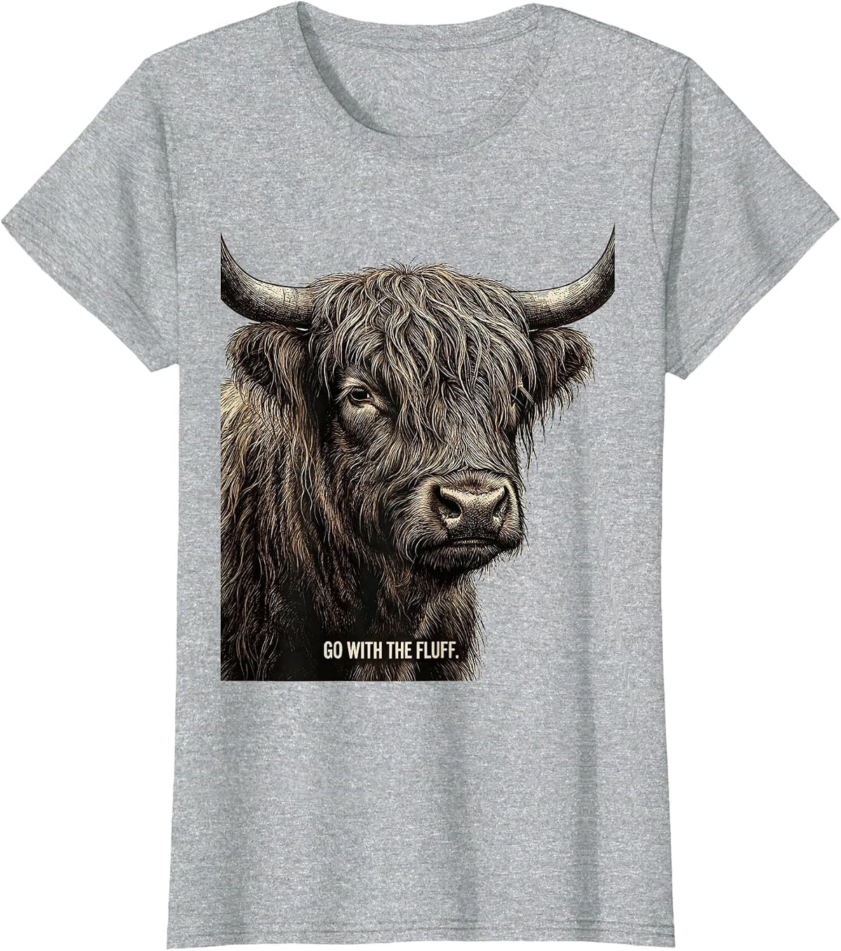 Women's Go With The Fluff Funny Highland Cow Lover Cute Graphic T-Shirt - Heather Grey