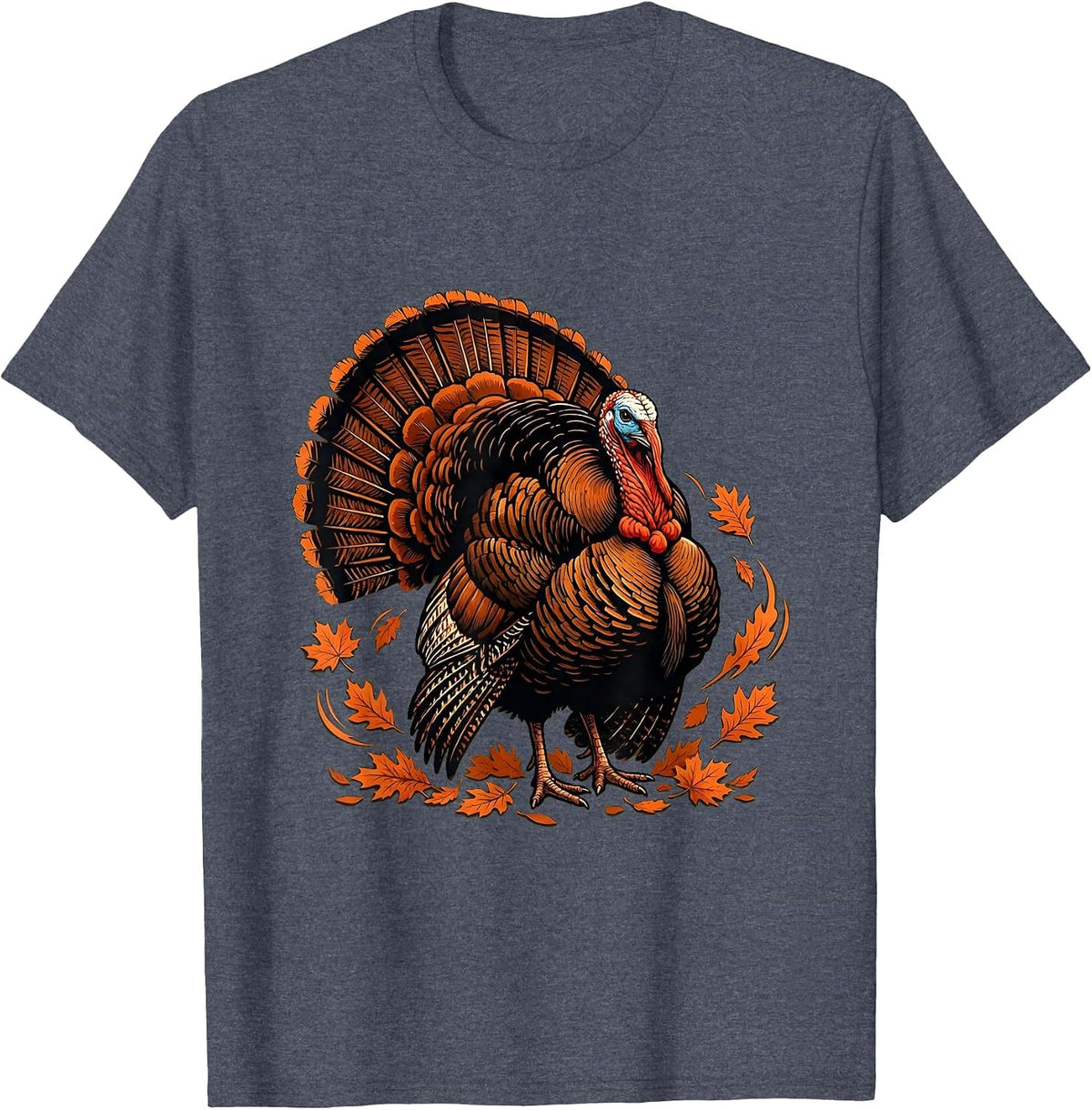Wild Turkey Strutting Through Autumn Leaves T-Shirt - Heather Blue
