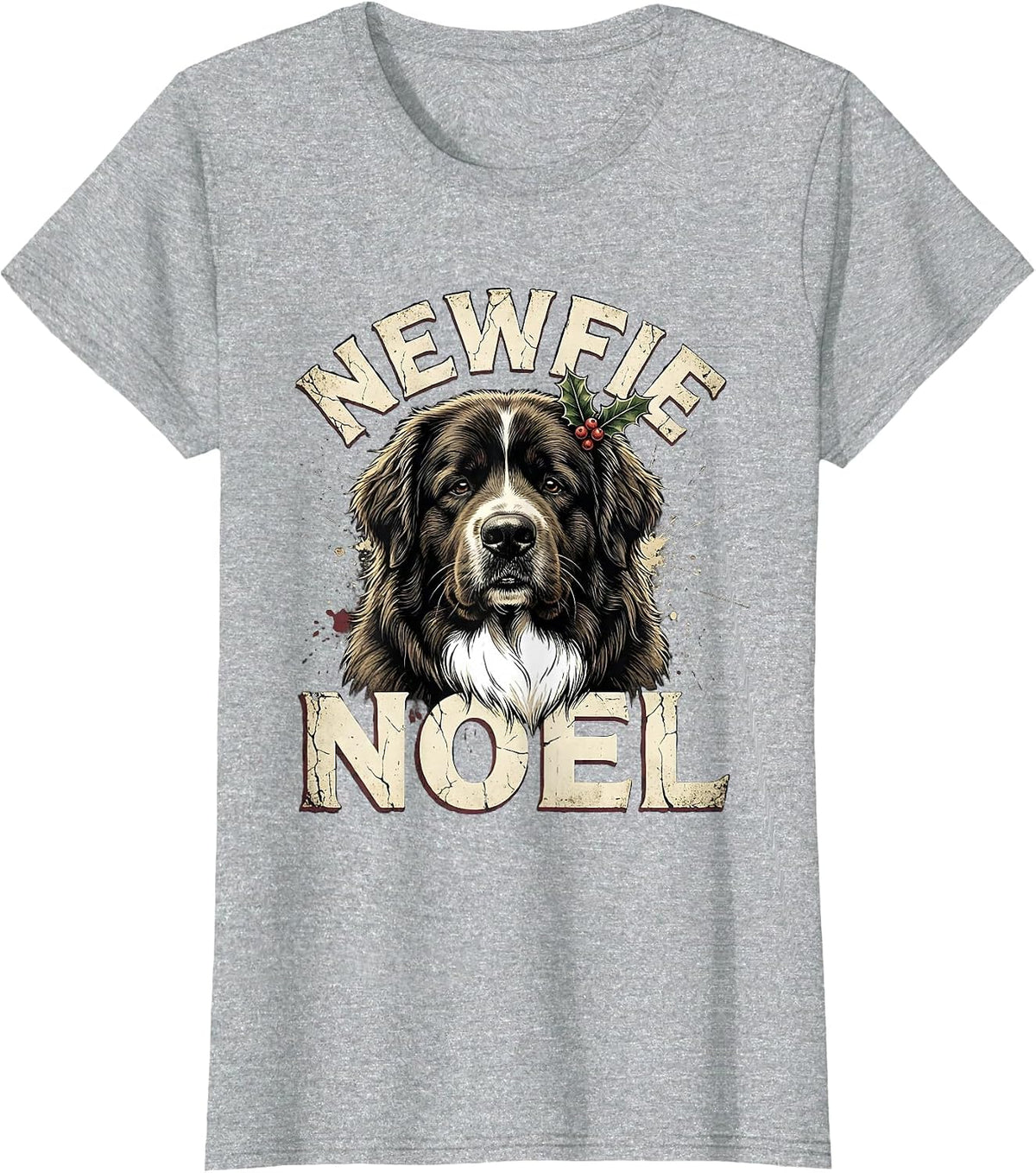 Women's Newfie Noel Distressed Christmas Newfoundland Dog Breed T-Shirt - Heather Grey