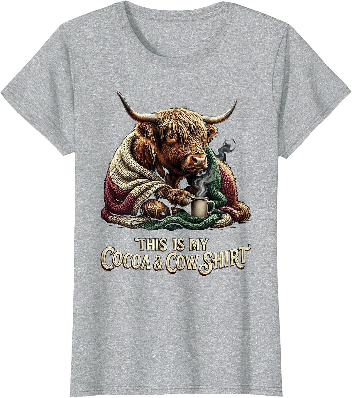 This Is My Cocoa & Cow Shirt Funny Highland Cow Christmas T-Shirt - Heather Grey
