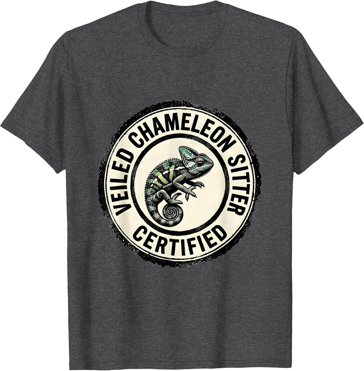 Men's Veiled Chameleon Sitter Certified Whimsical Fantasy Reptile T-Shirt - Dark Heather Grey